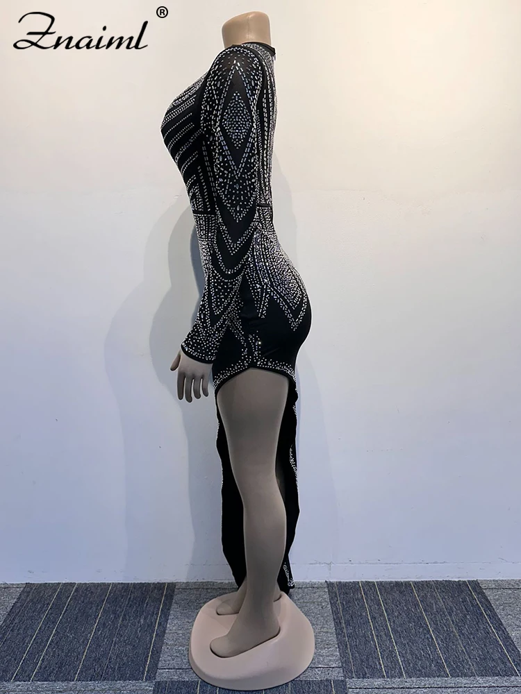 Znaiml Luxury Birthday Diamonds Rhinestones V Neck Long Sleeve Hypotenuse Maxi Dress Women‘s Sexy Night Club Even Wedding Guest