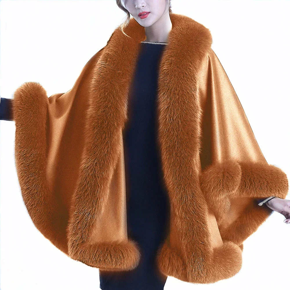 Women Real Cashmere Cape Real Fox Fur Trim all around  Poncho Winter Warm For Wedding Party