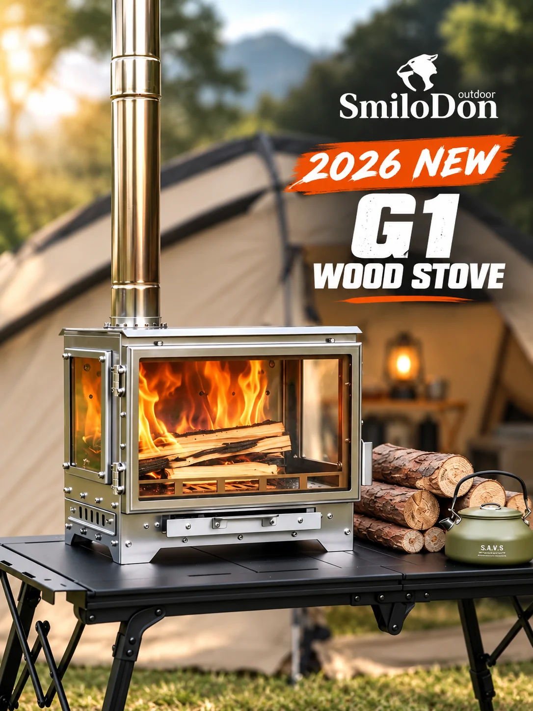 SmiloDon G1 Camping-Holzofen, 2026 Neuer 430 SUS Zeltheizer, 3-seitiges Glas, Sekundärverbrennung, 70/75mm Schornstein, Tragetasche