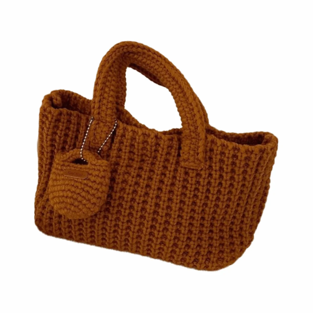 

Classic Knitted Handbag Crochet Solid Color Cotton Thread Woven Bag With Small Purse Large Sized Vintage Style Bag Autumn Winter