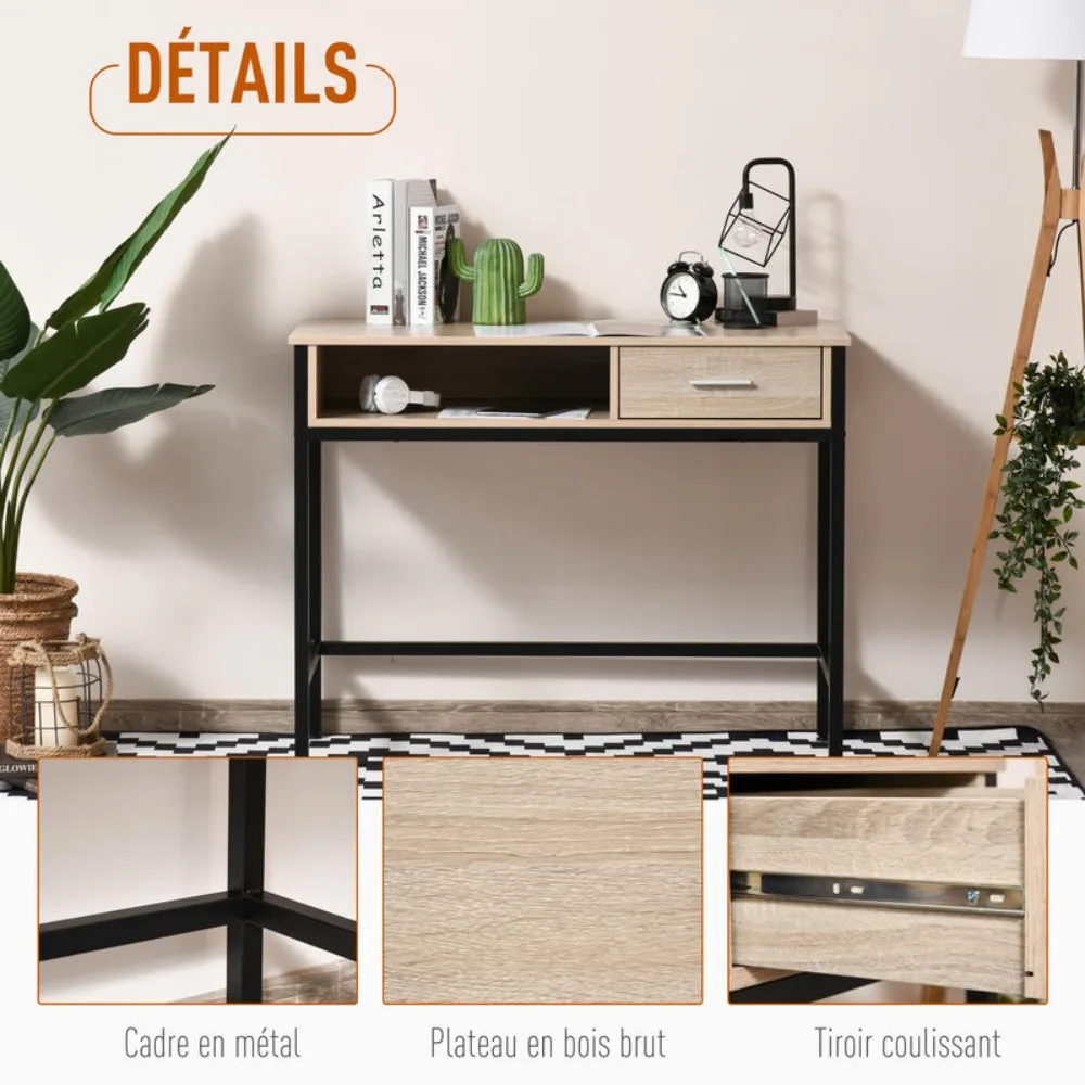 Escritorio con almacenamiento, mesa de oficina industrial, escritorio para ordenador con cajón, estructura metálica negra, tablero de madera de roble claro