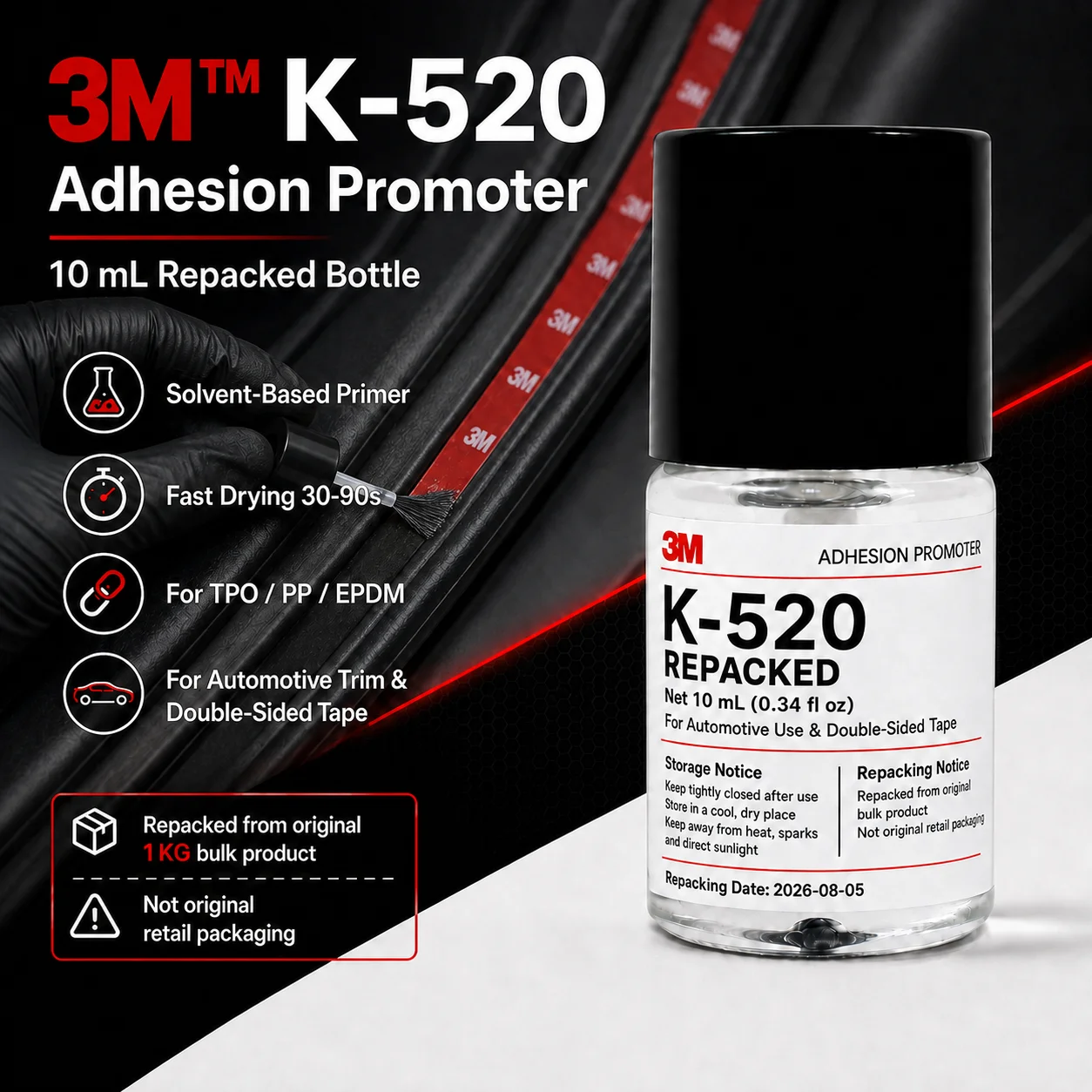 3M K520 Adhesion Promoter Tape Primer for Acrylic Foam Double Sided Tape PP TPO EPDM Automotive Trim Bonding 10ml