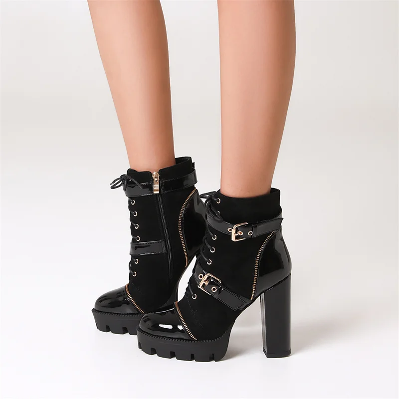 YMECHIC Punk Boots for Ladies's Pu Leather Belt Buckles High Heels Good Quality Footwear Party Woman Shoes Black 2026