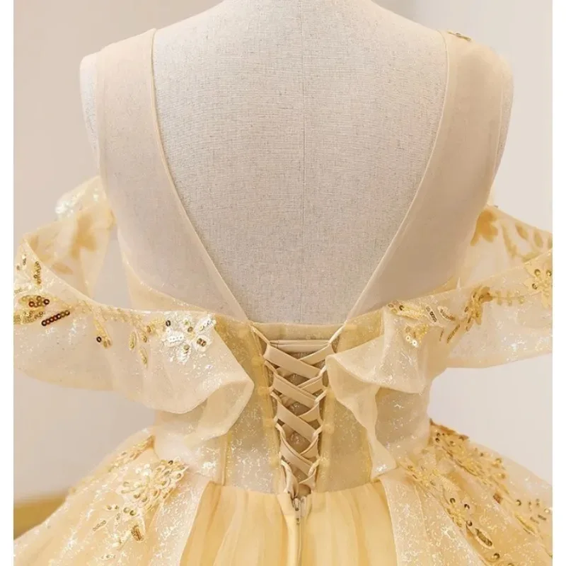 Amarelo colheres pescoço vestido de baile vestidos rendas lantejoulas doce 16 princesa festa personalizado