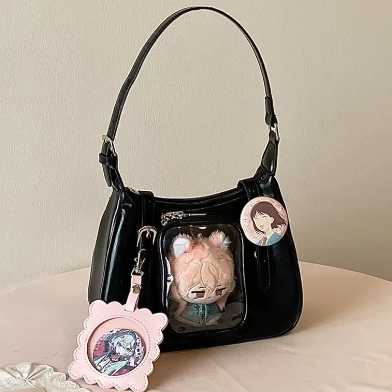 

Cute Square Itabag Women's Handbag Transparent Pocket Display Bag Japanese Preppy Style Shoulder Bag Solid Color Commuter Bag