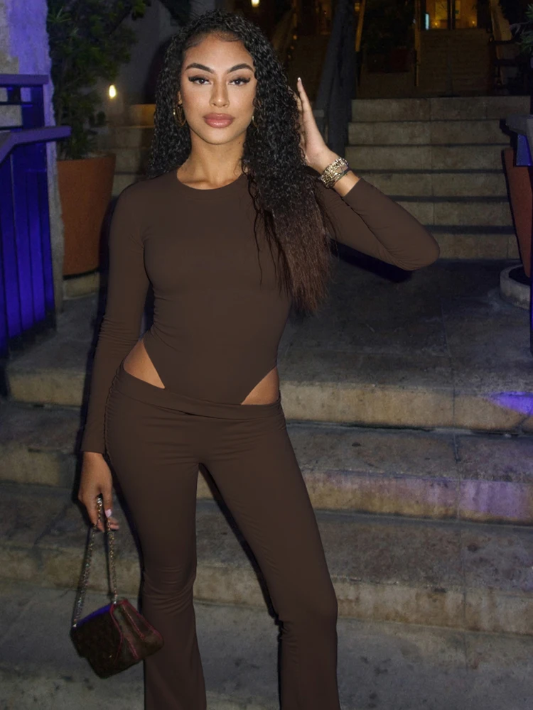 

Macheda Casual Simple 2 Piece Set Women Summer Trend o-Neck Full Sleeve Skinny Bodysuits+Solid Straight Pants Solid Elegant Set