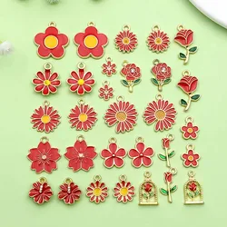 30pcs Enamel Red Flower Charms Alloy Roses Flower, Little Daisy, Sunflower Pendants For DIY Jewelry Making Accessories