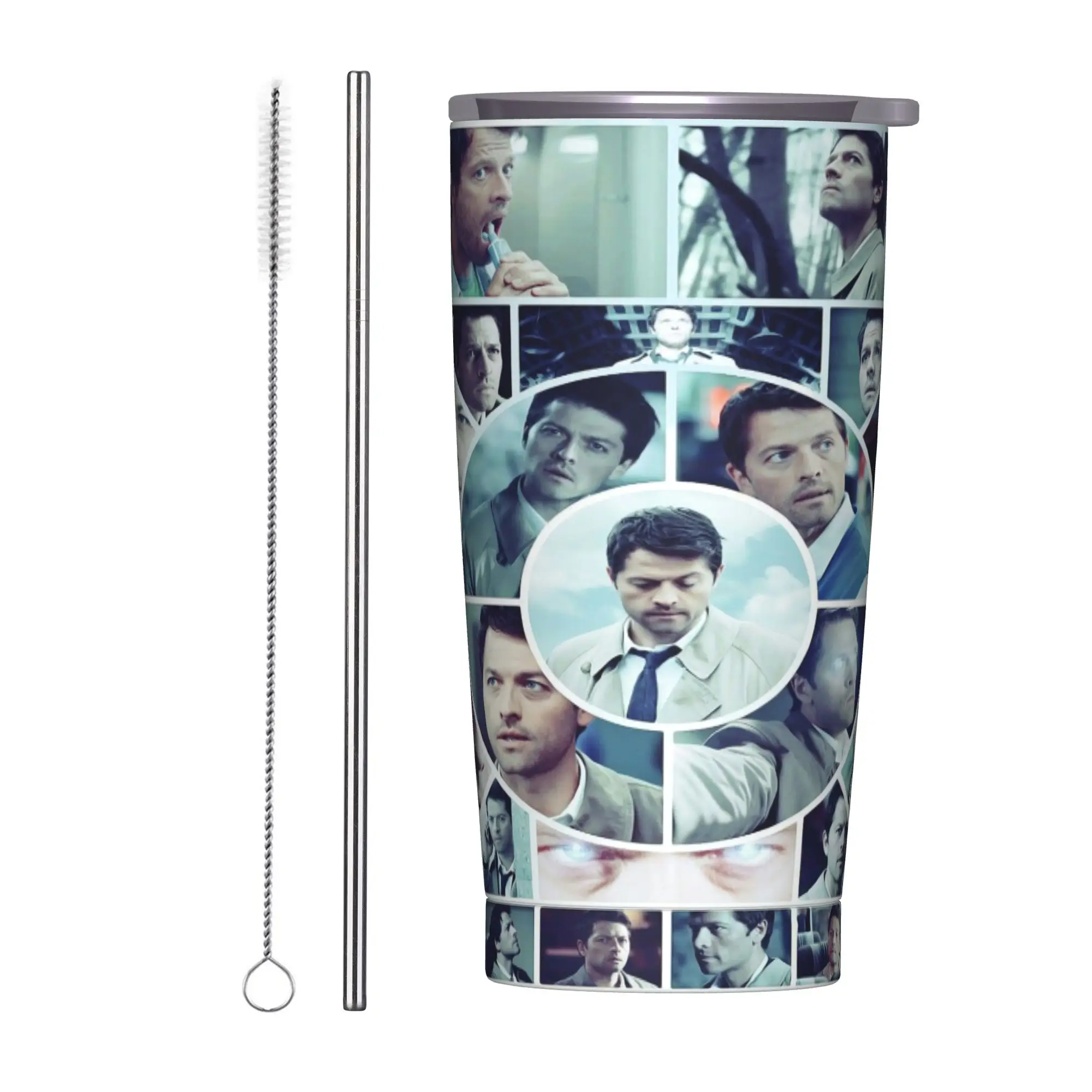 Castiel Collage Tumbler Vacuum Insulated Supernatural Movie Coffee Cups with Lid Straw Office Home Mugs Water Bottle, 20oz