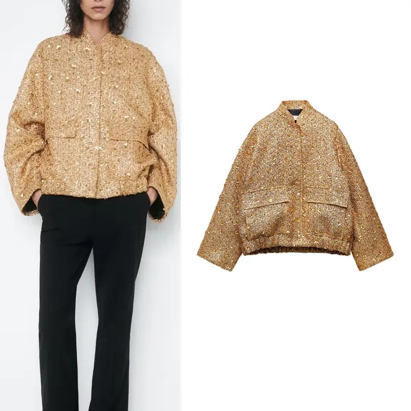 Fall New Women's Jacket Series Pocket Decorated Short Style Pearl Embellished Outerwear Commute Style Loose Fit Polyester Fiber