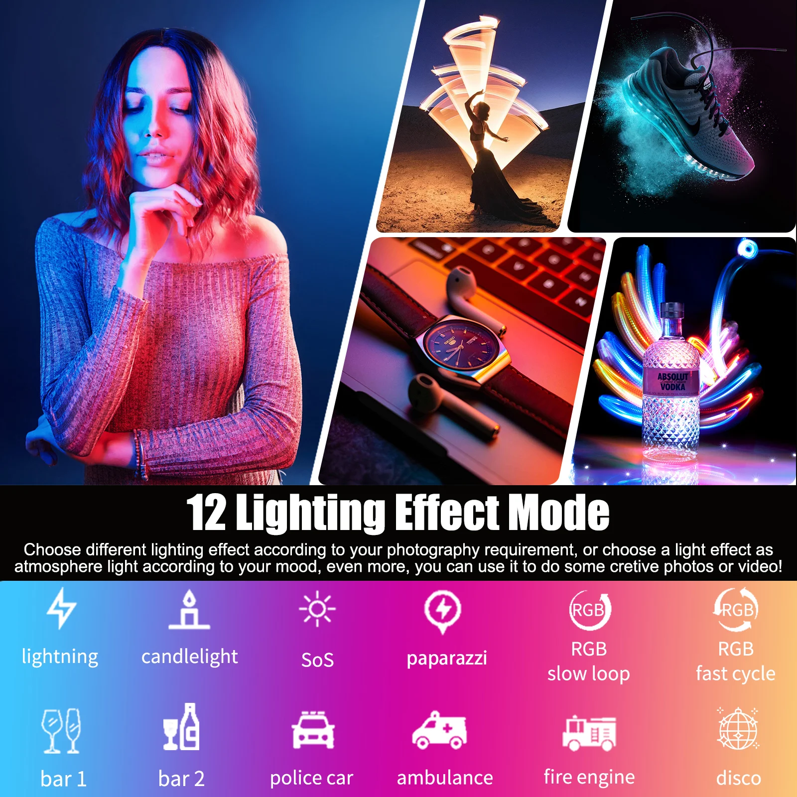 P400 RGB Video Light Wand Handheld LED Tube Built-in Battery 2500-6500k 36000 Colors Photography Lamp Lighting for Youtube Vlog