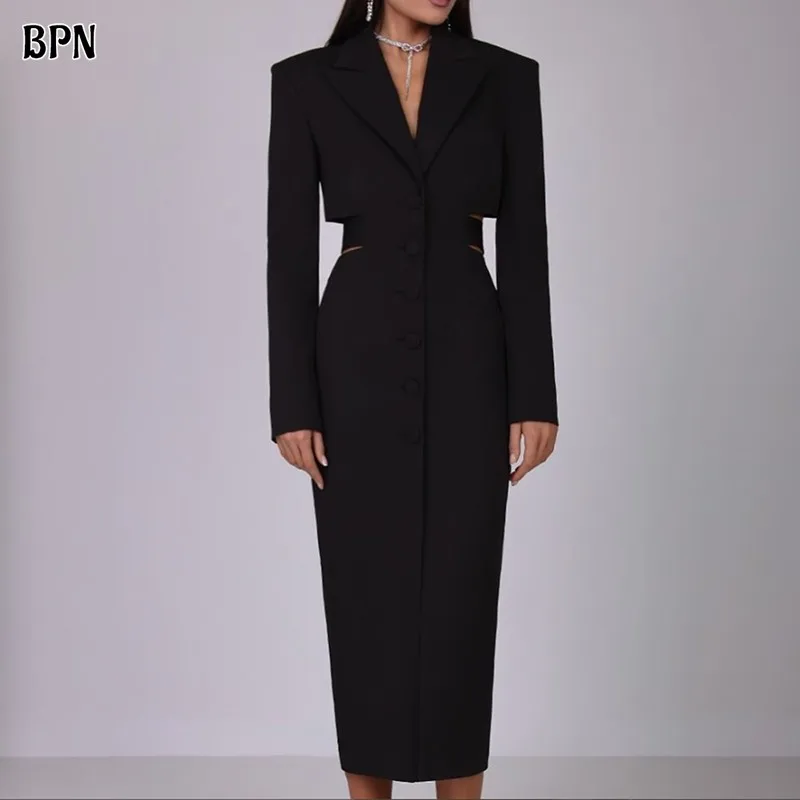 

BPN Spliced Single Breasted Hollow Out Coats For Women V Neck Long Sleeve High Waist Sexy Casual Jacket Female Fashion Clothing