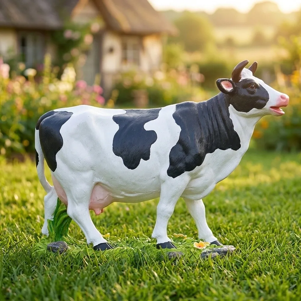 Farm Animal Decor Resin Cow Statue for Home Garden Patio Desk Shelf Black and White Design 22 8 17 cm Dimensions