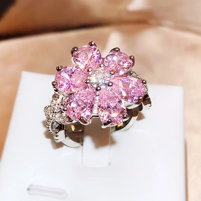 S925 Sterling Silver Selling Pink Flower Shape Sweet Fashion Ring Sparkling Full of Diamond Zircon Luxury Banquet Party Jewelry