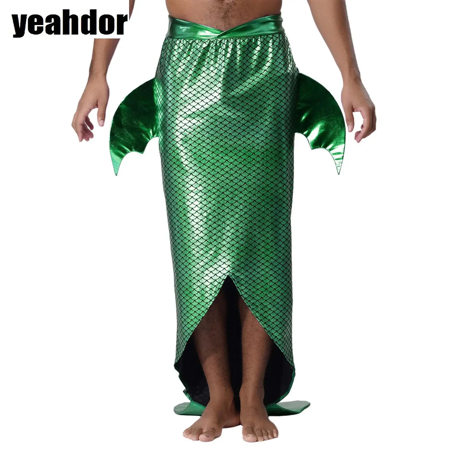 

Men Mermaid Cosplay Costume V-Front Waistband Irregular High-Low Hem Fish Scale Printed Skirt for Halloween Party Fancy Dress Up