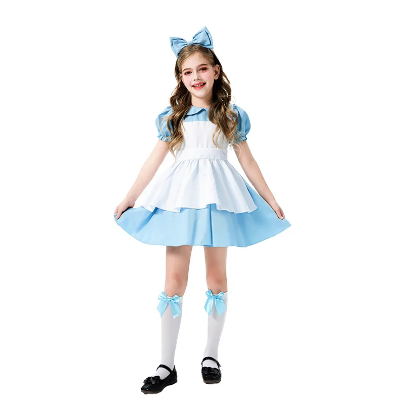 Halloween Baby Girl Costume Anime Alice In Wonderland Blue Party Dress Pastoral Wonderland Lolita Maid Outfit Role Play Costumes