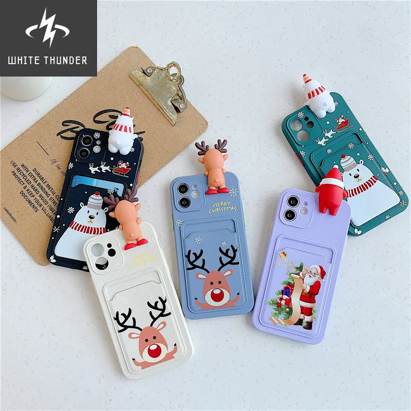 3D Merry Christmas Santa Reindeer Card Holder Soft Phone Case for iphone 13 Pro Max 12 11 X XS XR 7 8 Plus SE 2020 Luxury Cover