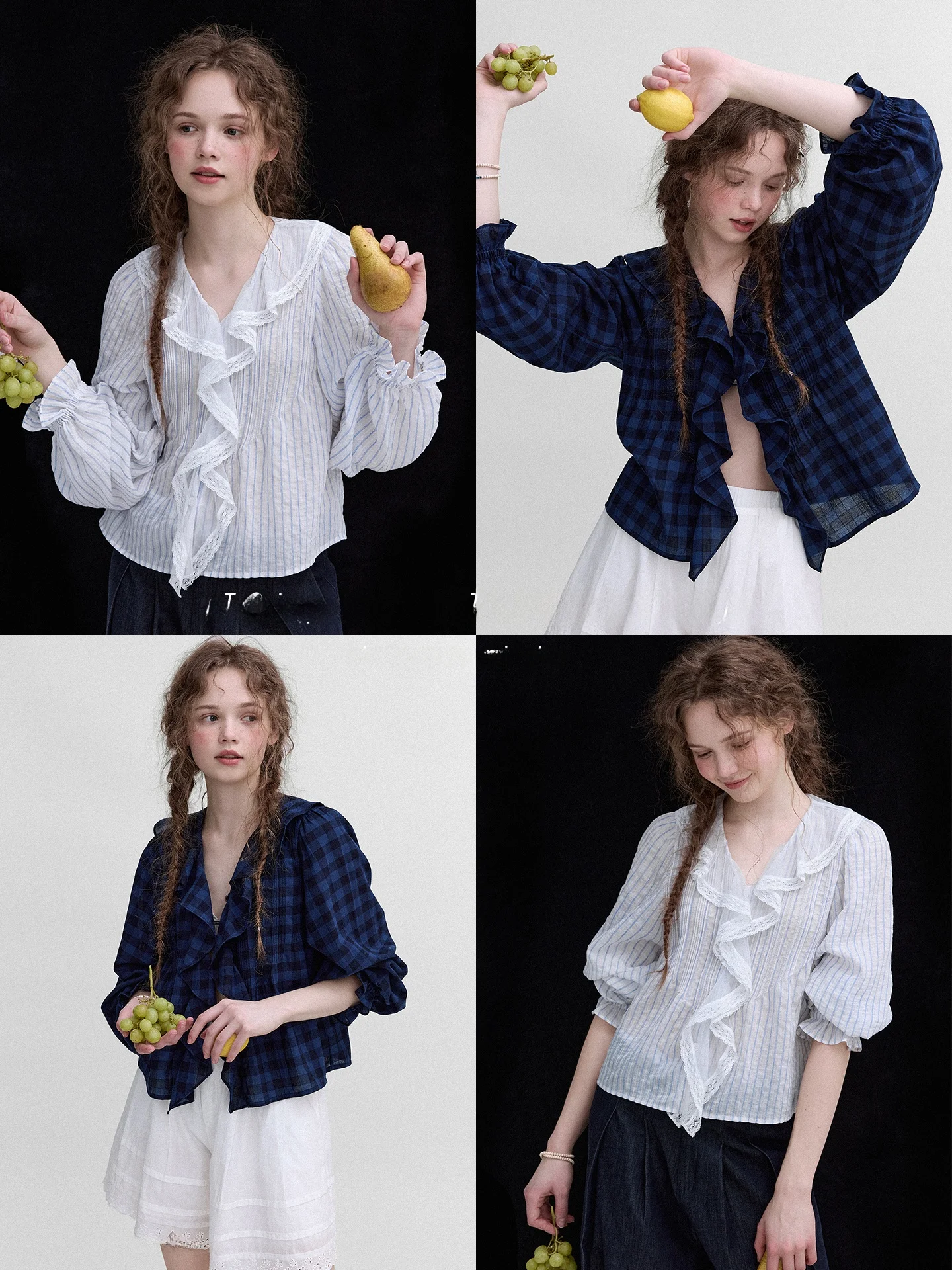 

Romantic Lace Trimmed Plaid Shirt Women's Vintage Patchwork Stripe Pattern Cotton Long Sleeve Button up Casual Office Wear