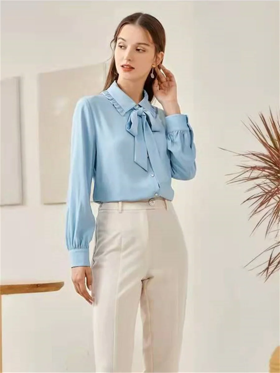 Women Summer Spring Shirts Lady Fashion Casual Long Sleeve Bow Tie Collar Solid Color Office Elegant Blusas Tops G2381