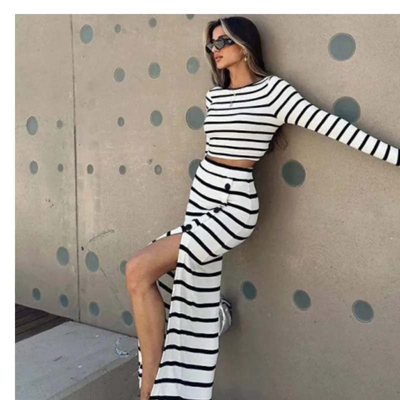 Autumn Fashion Classic Black and White Striped Long Sleeve Short Top Button Skirt Set for Women