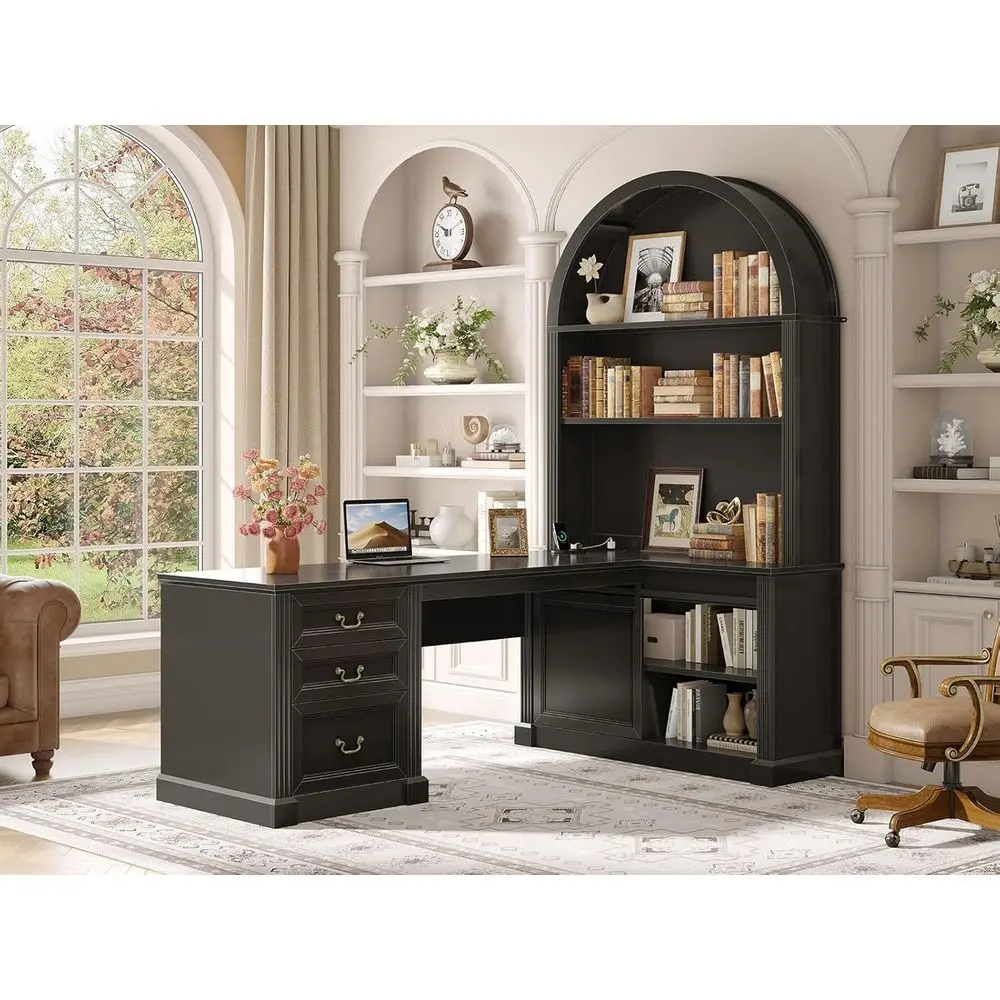 

L-Shaped 67 Desk with Tall Arched Bookshelves, 3 Drawers, and Storage Shelves, Executive Home Office Desk with Sliding Barn Door