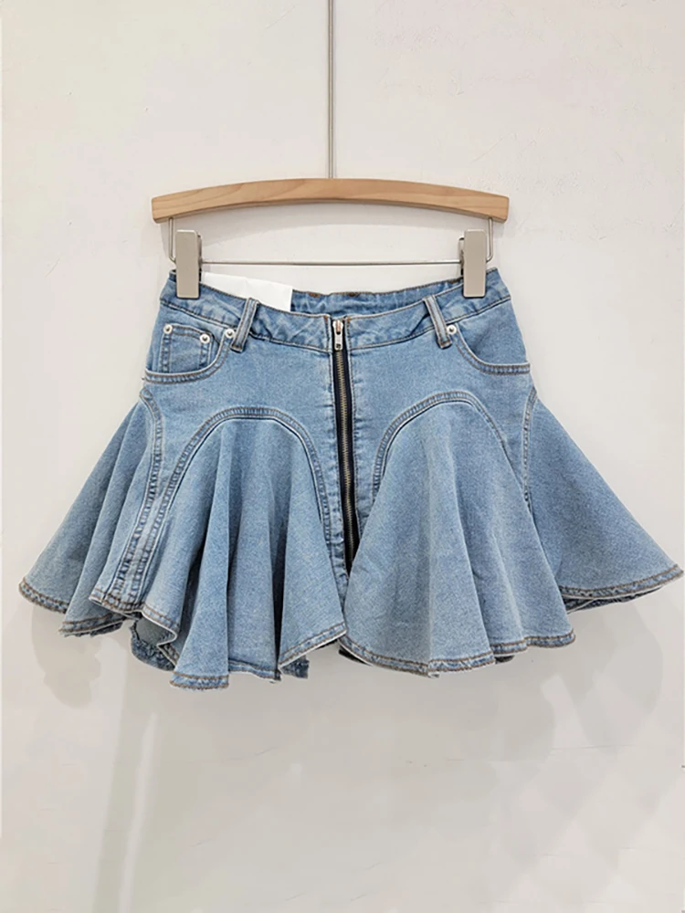 DEAT Women Denim Skirts High Waist Patchwork Ruffles Edge Zipper Solid Color A-line Mini Skirts 2024 Autumn New Fashion 11A0198