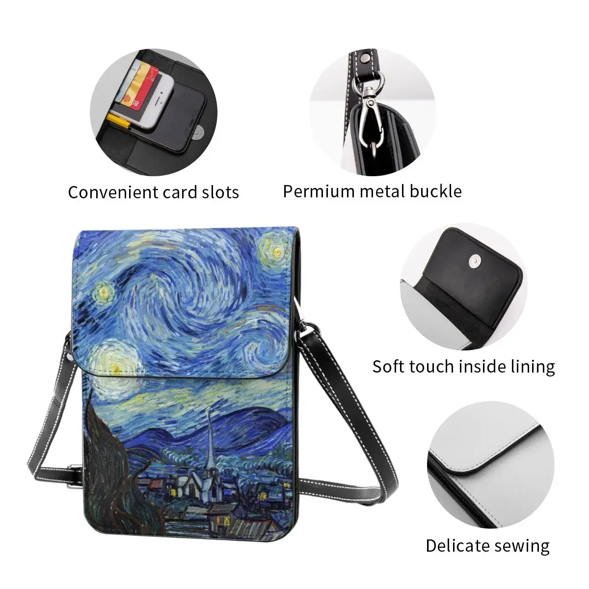 Moon Vincent Van Gogh borsa a tracolla notte stellata regalo femminile borsa per cellulare borse da ufficio in pelle divertenti borsa a tracolla