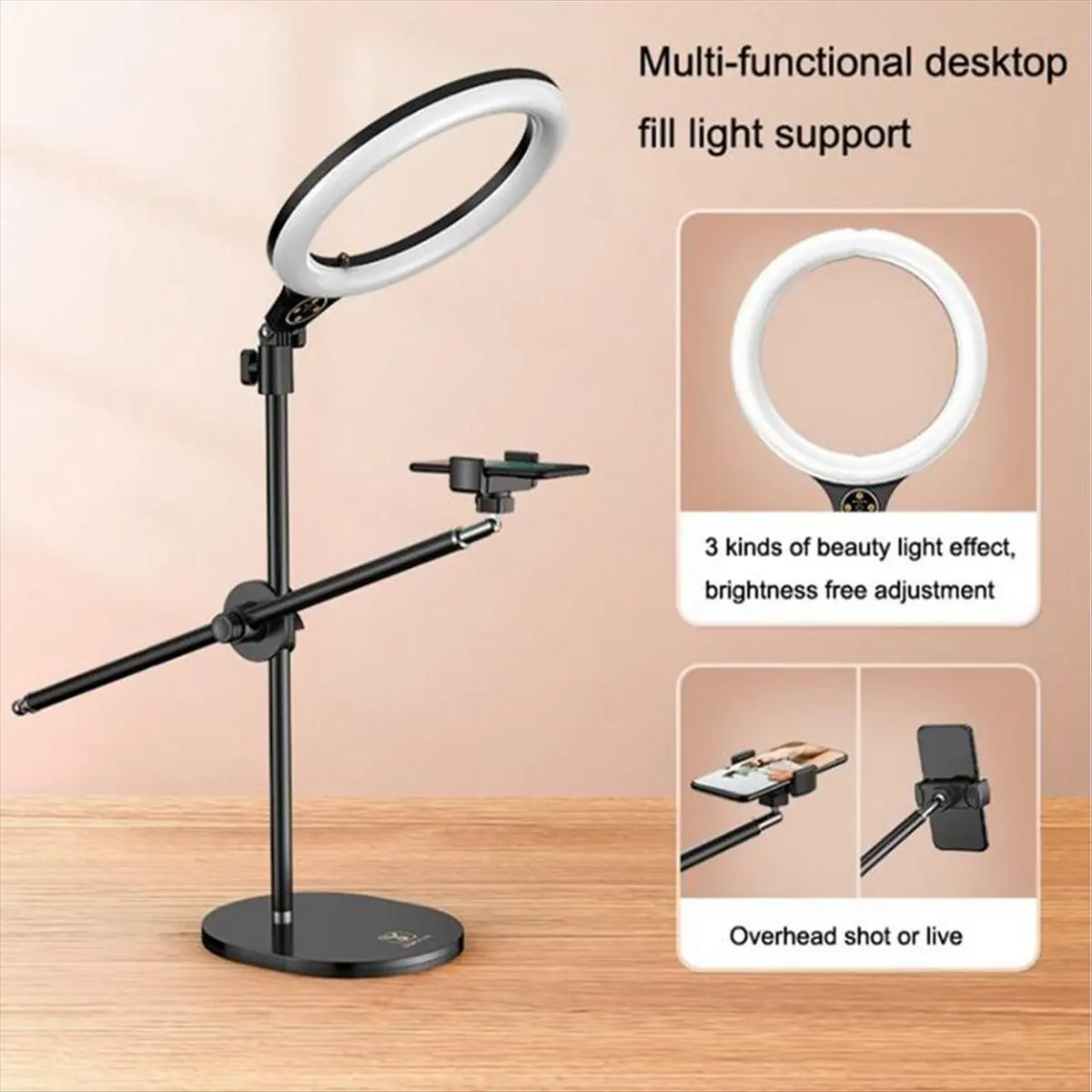 |N06R NEW| Overhead Tripod for Mobile Phone Smartphone Desktop Video Stand with Ring Light for Table Photography