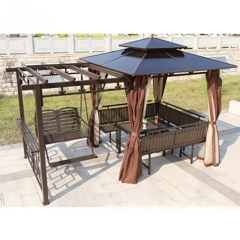 

Custom Made Chinese Style Patio Gazebo with Swing Aluminum & Wood Outdoor Pavilion for Garden Villa and Modern Courtyard