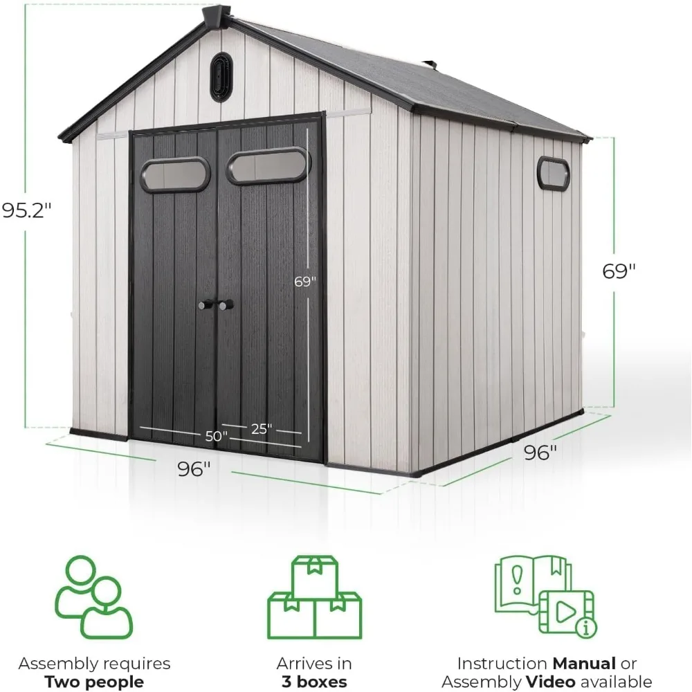 

8x8 Ft Outdoor Storage Shed with Floor - Waterproof Shed with Lockable Door for Garden - Backyard, Tool Storage Use -Grey