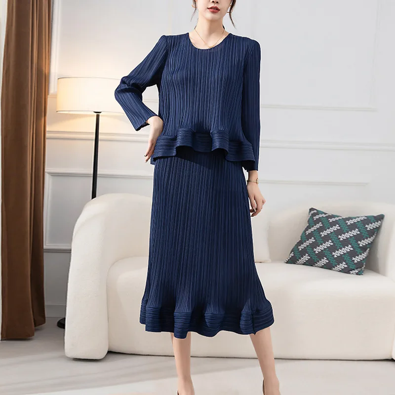 

Miyake Women Pleated Suit Solid Long Sleeve Crew Neck Top Elastic High Waist Skirt High Street Style 2022 Summer Fashion Suit