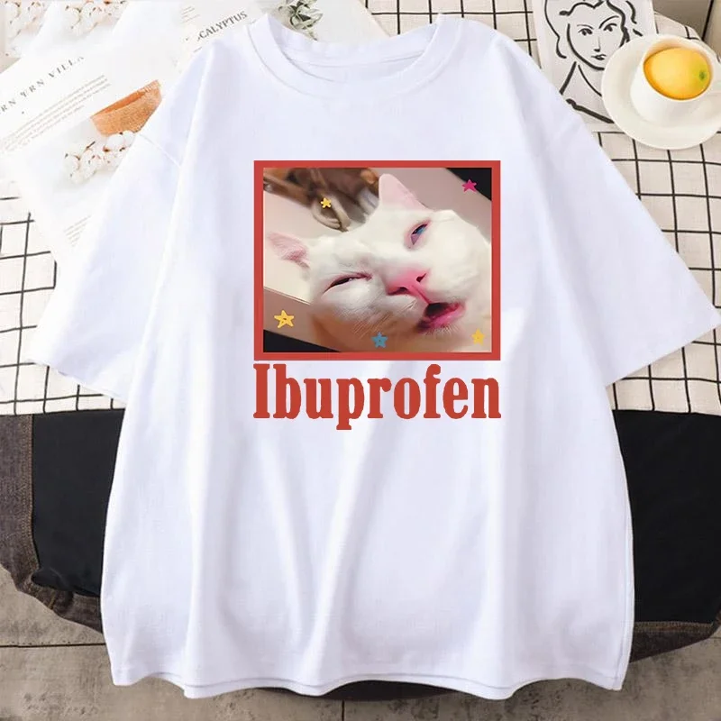 Ibuprofen القط ميمي التي شيرت لطيف القط عاشق القطن تي شيرت عادية مضحك تي شيرت للجنسين المتضخم التي شيرت المحملة مضحك القط الجرافيك المحملة