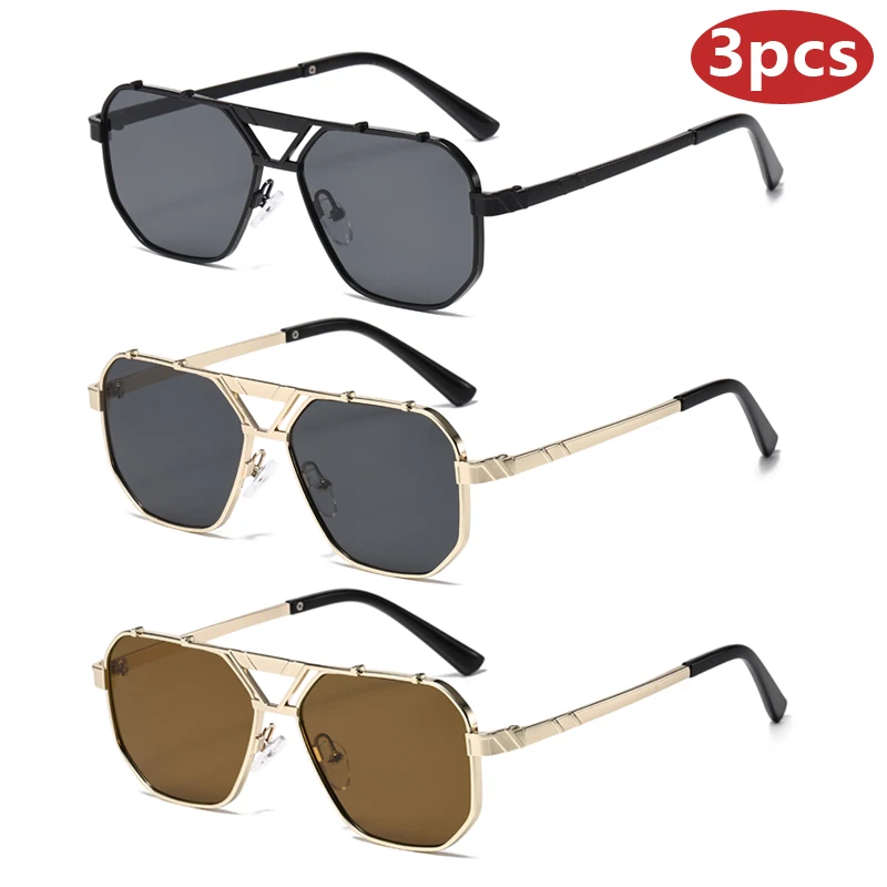 

3pcs Rectangle Double Bridges Sunglasses Women Metal Luxury Driving Eyeglasses Shades UV400 Men Gradient Lens Glasses Unisex