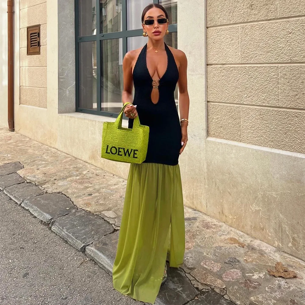 

BKLD 2025 Autumn New Backless Sleeveless Lace-Up Halter Neck Hollow Out Contrasting Dress Party Clubwear Clothes For Women