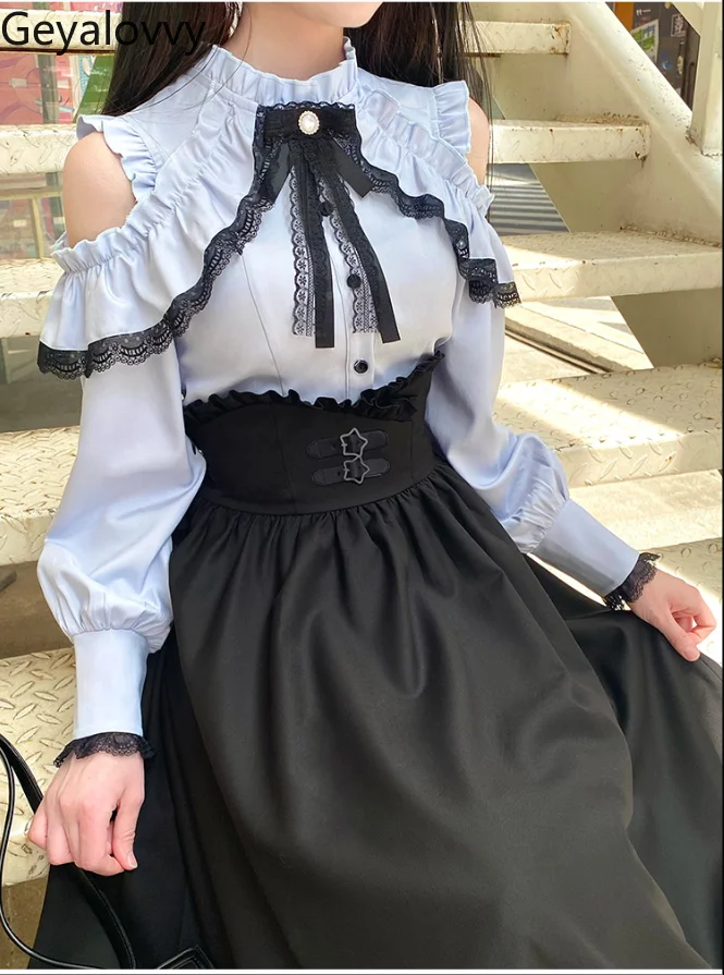 

Water Color Tops Mine Suit Flying Sleeve Off-Shoulder Long Sleeve Shirt + Black Mid-Length Skirt Women's Sweet Two-Piece Set