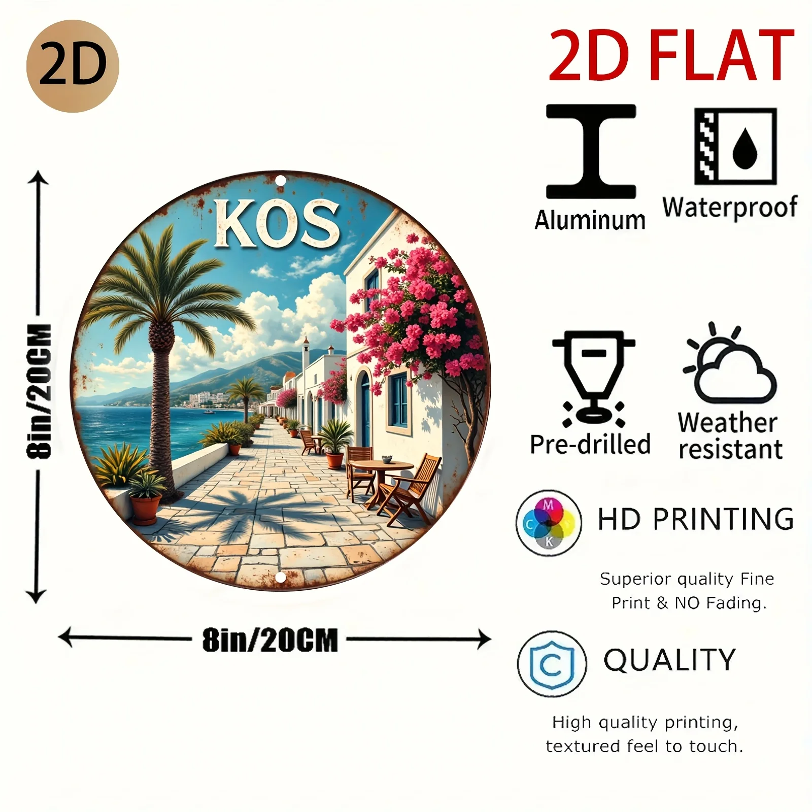 Retro Coastal Kos Island Wooden Wall Decor - Circular Wooden Sign, Mediterranean-Inspired Garden and Summer Decor