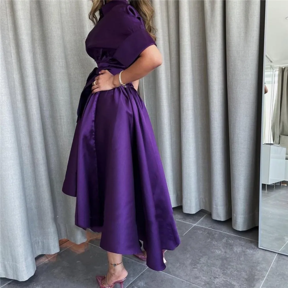 Bafftafe Grape Simple Vintage Satin Formal Evening Dresses Arabic Half Sleeves V Neck Ankle Length Women Outfits Wear Prom Gowns