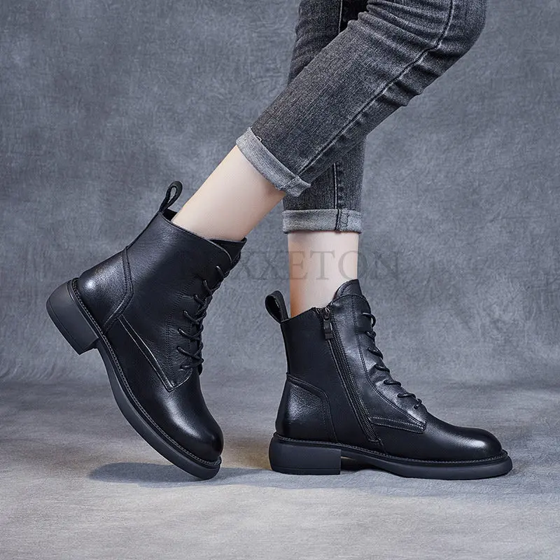 Women Boots Genuine Leather 2022 Autumn Fashion British Style Cow New Comfort Chunky Heels High Quality Shoes