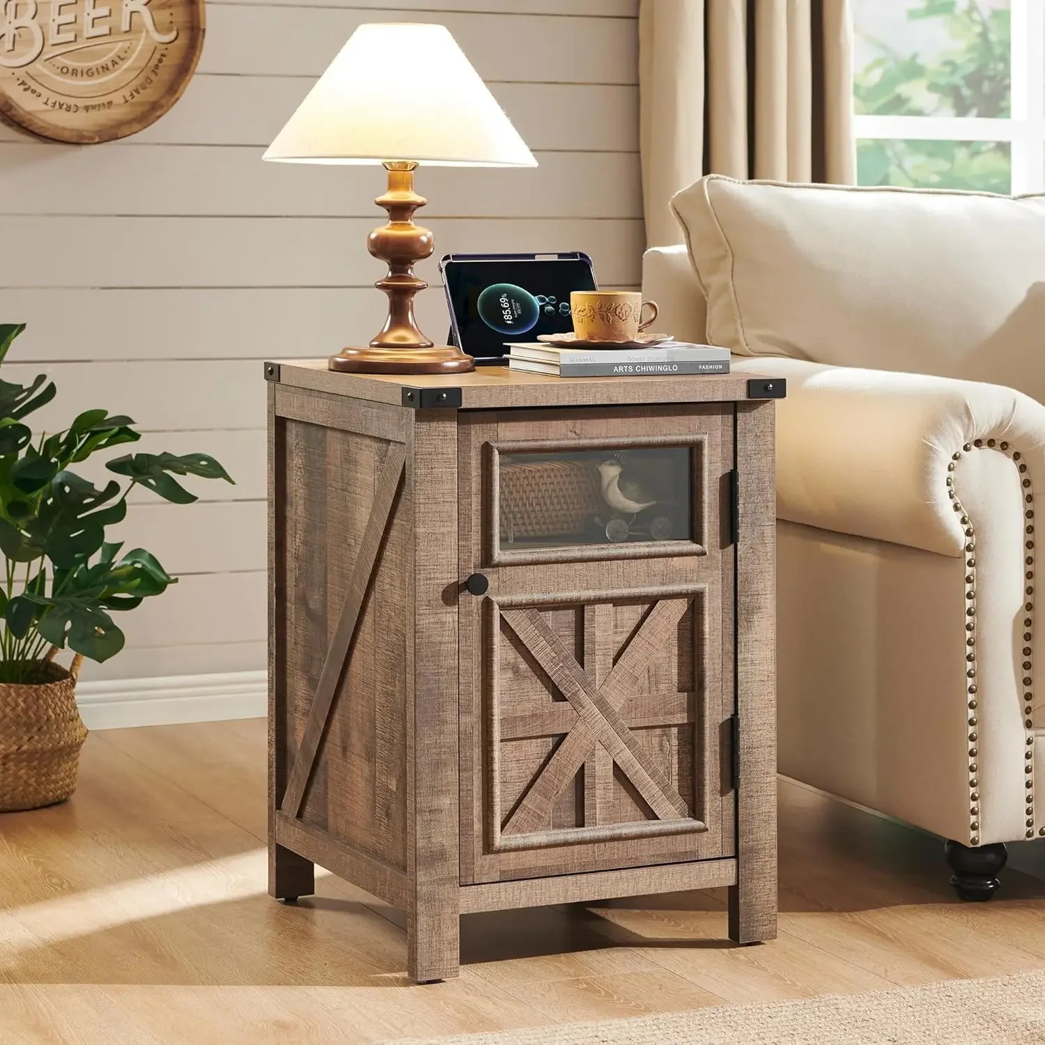 End Table with Charging Station, 18'' Rustic Nightstand with Barn Door & Adjustable Shelf, Wooden Sofa Side Table with 3-Tier