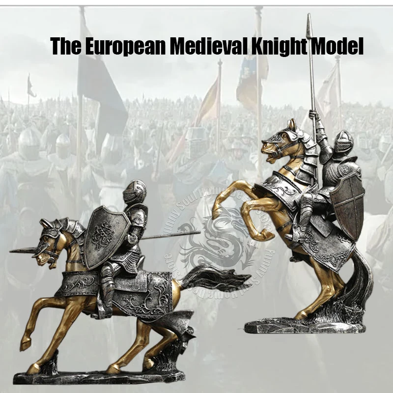 

European Medieval Knight On Horse Resin Sculpture Cool Retro Home Decoration Office Desktop Accessorie Armor Knight Statue Model