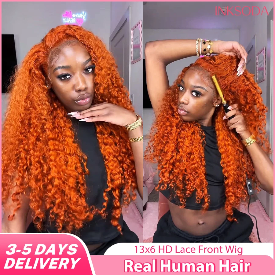 

36 Inch Ginger Orange Wig Human Hair 13x6 Deep Wave Lace Front Wigs 220 Density HD Lace Curly Brazilian Preplucked Wig For Women