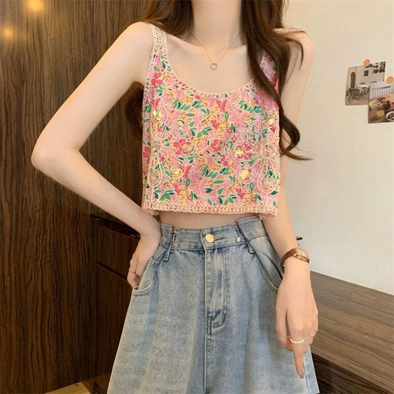 Retro geborduurd bloemen pailletten vest jarretel T-shirt voor dames in de zomer Veelzijdige korte top