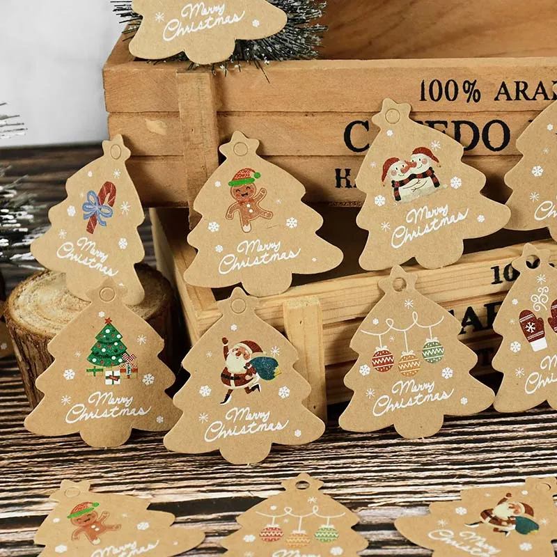 48-96Pcs Xmas Tree Shape Kraft Paper Label Gift Wrapping Hang Tags Candy Package Hangtag Merry Christmas Party Decoration