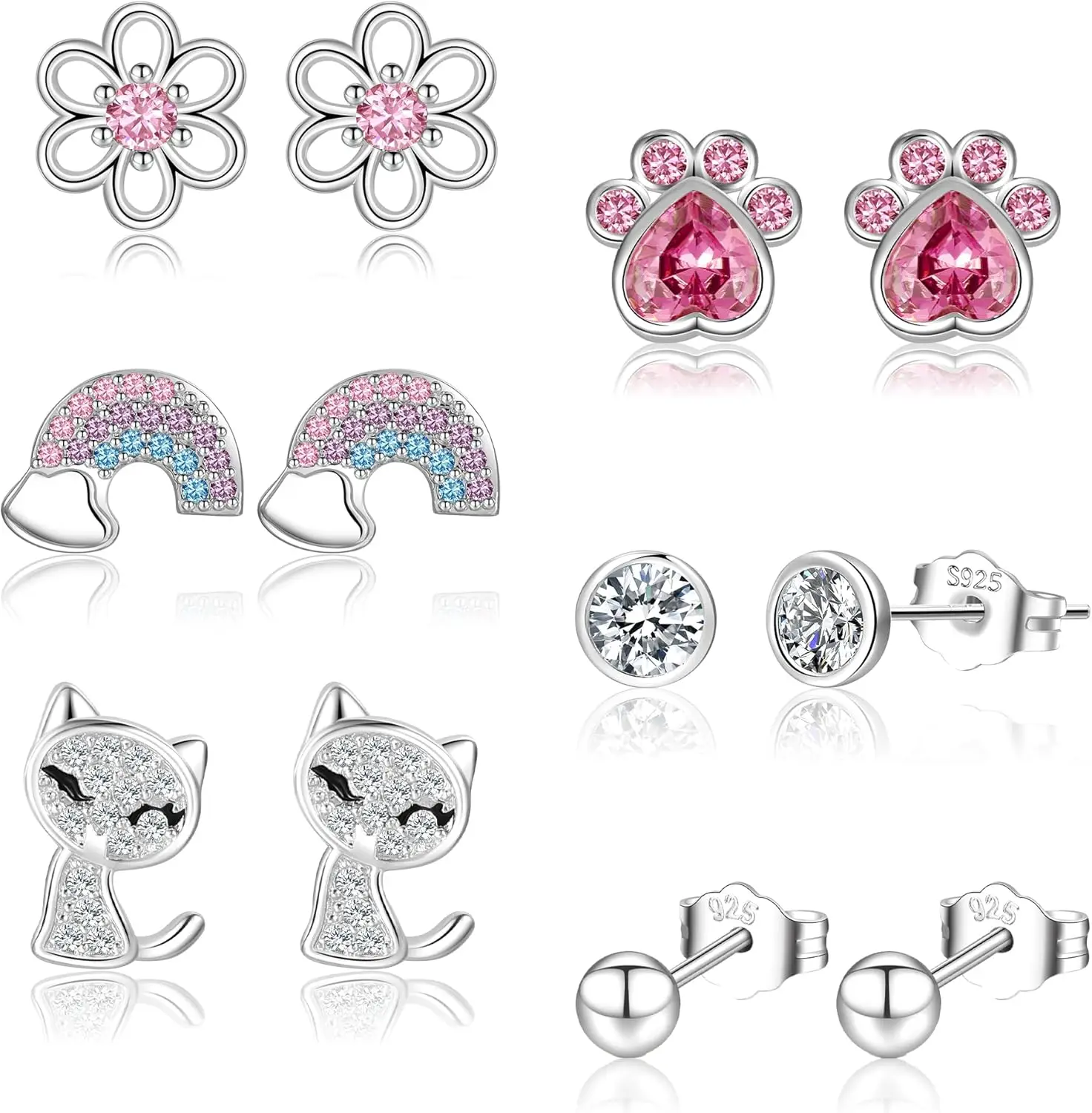 

6 Pairs Sterling Silver Stud Earrings for Women, Hypoallergenic Silver Studs for Girls Cute Pink CZ