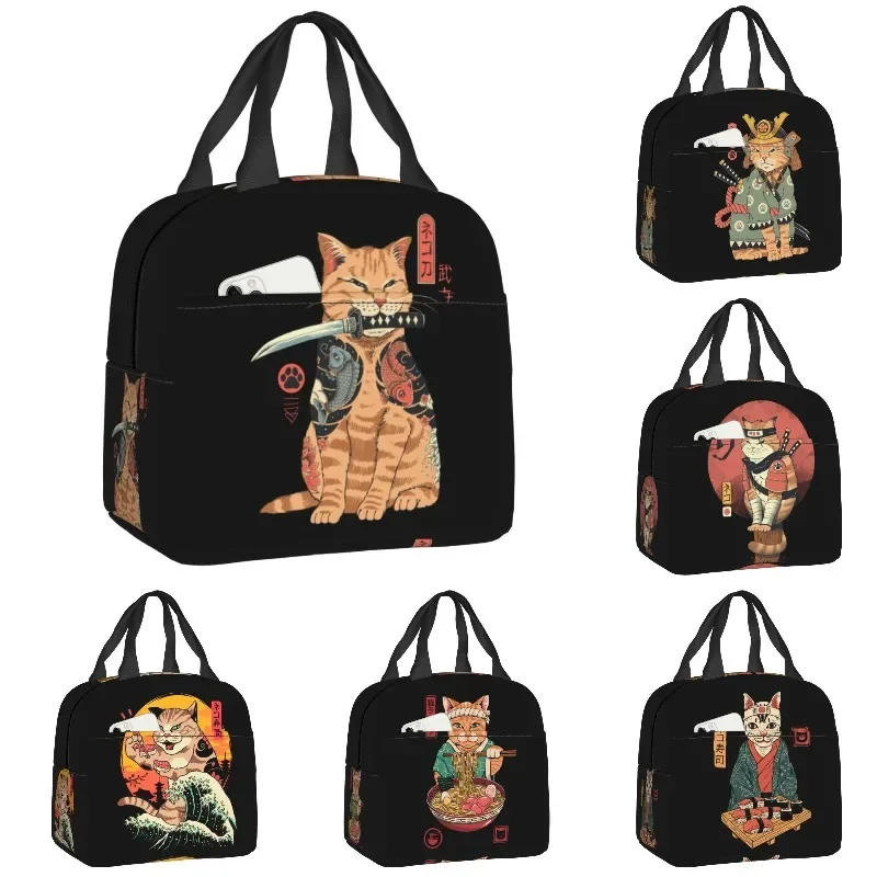 Borsa per il pranzo con gatto samurai giapponese da donna, riutilizzabile, termica, isolata, per il pranzo, per bambini, scuola, cibo, picnic, borse per la conservazione