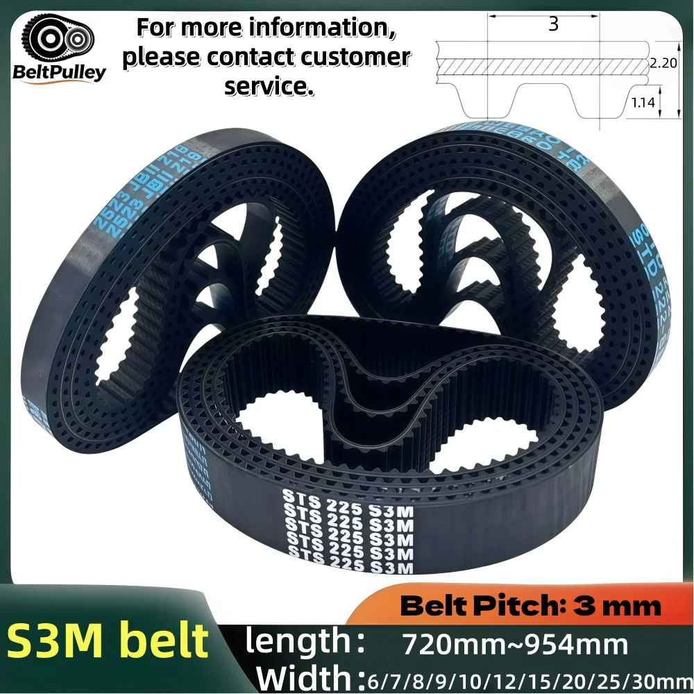 S3M Timing Belt 240-318 Teeth (720-954mm Length) 6/7/8/9/10/12/15/20/25/30mm Width Rubber for 3D Printer CNC Router Parts