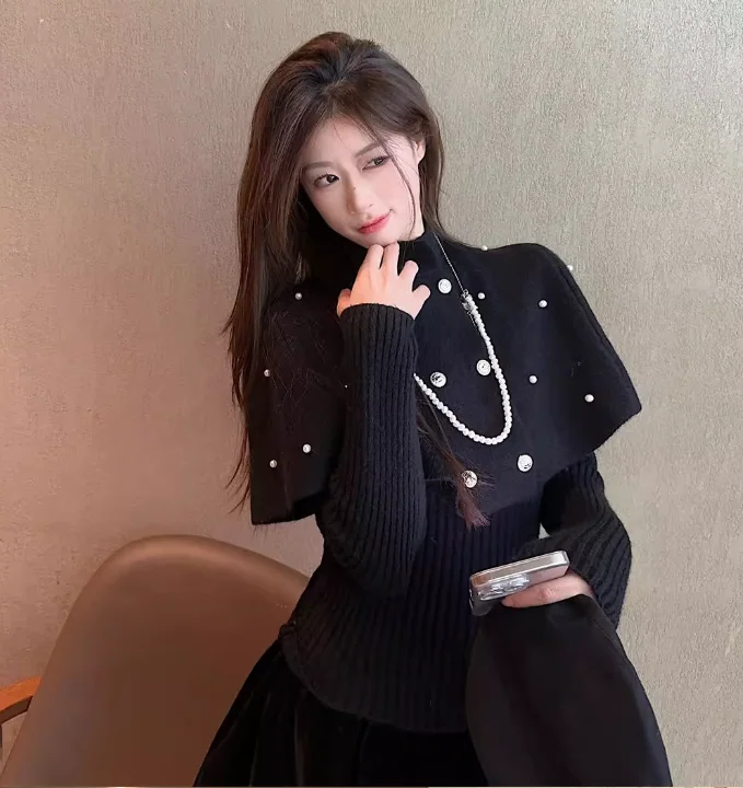 Moda coreana feminina duplo breasted frisado capa de lã camisola de malha outono inverno manga comprida pullovers topos duas peças