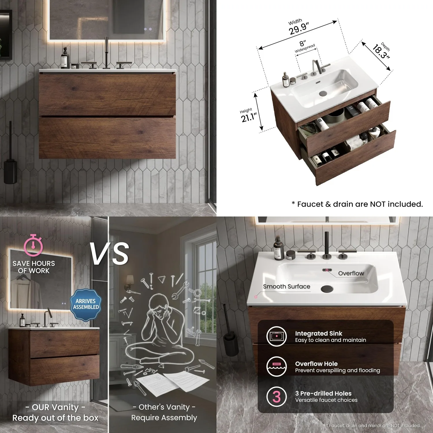 

30" Floating Bathroom Vanity with Sink Soft-Close Drawers Large Storage Walnut Customized