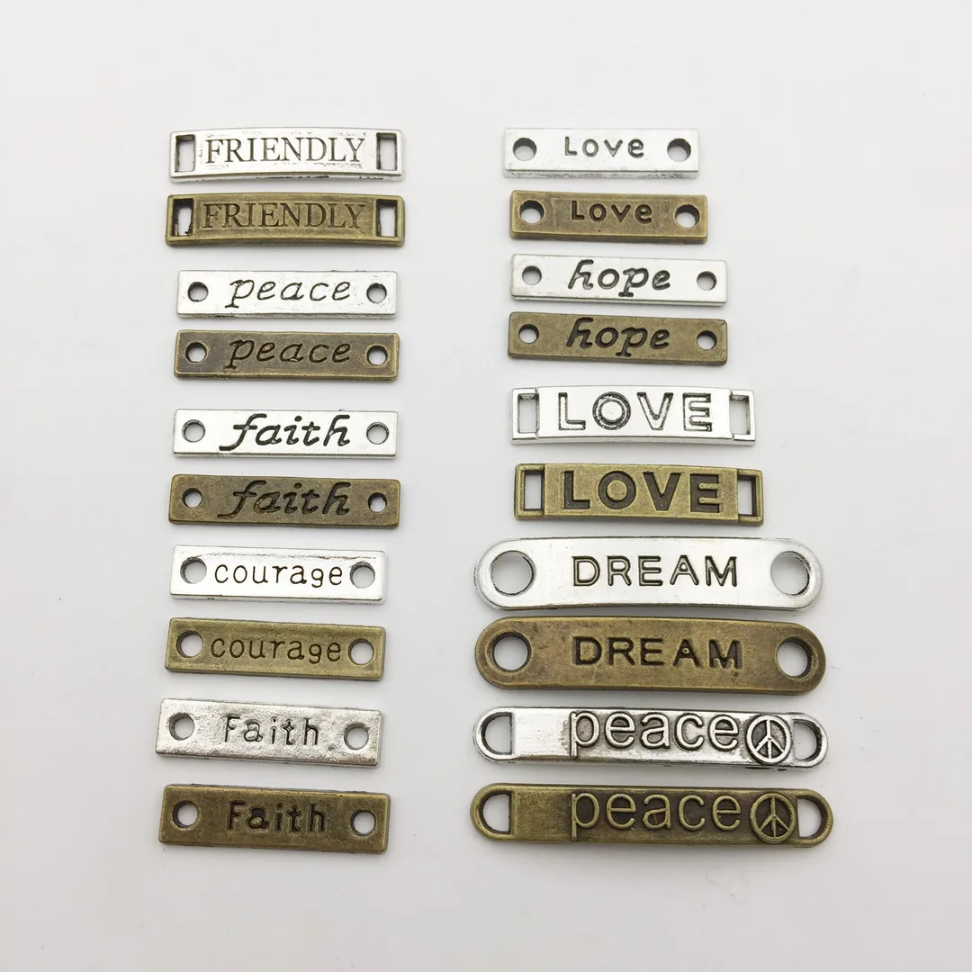 MEETSOFT 80PCS Mixed Zinc Alloy English Letters Square Pendant Double Hole Charms of DIY Handmade Making Gift Bracelet Wholesale