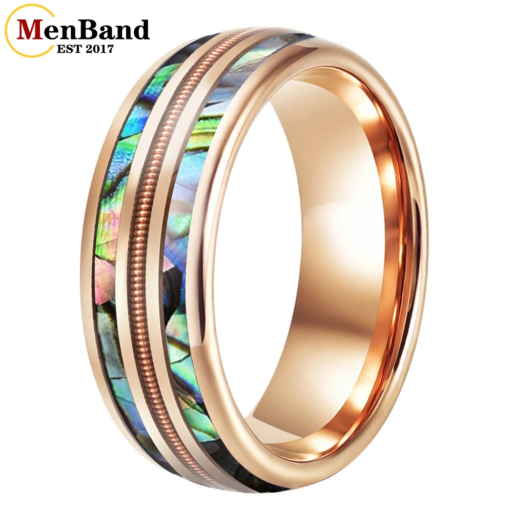 

MenBand 8MM Men Women New Wedding Band Tungsten Carbide Ring with Abalone Shell and Rose Gold Guitar String Inlay Comfort Fit