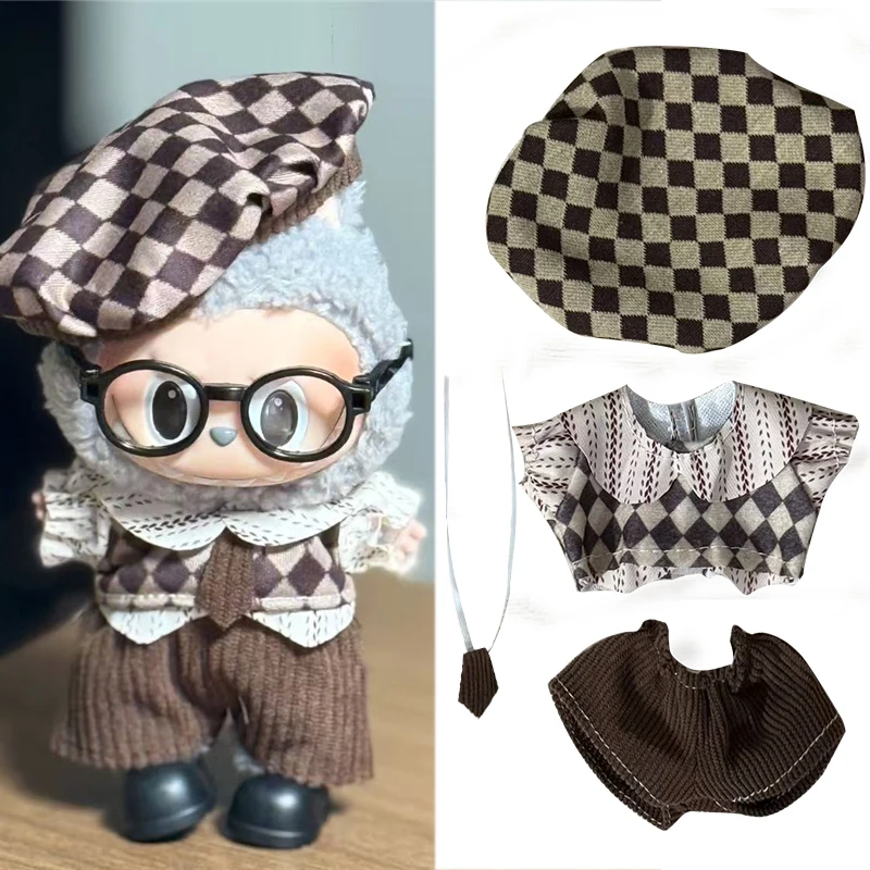 

For 15 17cm Labubu Doll Maillard Color Brown College Style Shirt Vest Outfit Clothes Autumn Clothing Hat Shoes Set Accessories